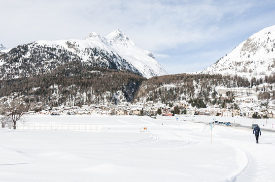 Silvaplana, Dorf, Engadiner Dorf, Engadin, Oberengadin, Julierpass, Silvaplanersee, Langlauf, Langloipen, Winterwanderweg, Winter, Wintersport, Alpen, Graub&uuml;nden, Schweiz
