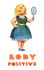 Body posotive watercolor hand drawn illustration of blonde woman with mirror in vintage blue dress with colorful lettering