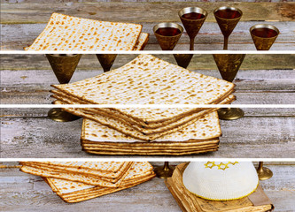 Red kosher wine with a white plate of matzah or matza and a Passover Haggadah Photo collage different picture