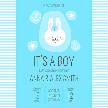 Cute Baby Shower Boy Invite Card Vector Template. Cartoon Animal Illustration. Nautical Design With Little Captain Bunny Patches. Kids Newborn Banner Or Children Birthday Party Invitation Background.
