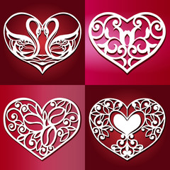 Obraz na płótnie Canvas Set of openwork hearts for laser cutting.Template for interior design, layouts wedding cards, invitations. Vector floral heart.