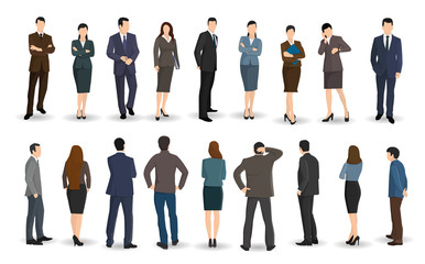 Business men and women stand facing or back