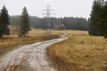 Rural landscape road and house