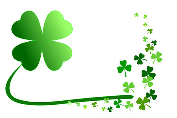Pattern of green shamrocks, 4-leaf clover among 3-leaf; isolated on white background. Vector illustration. Concepts of Happy St. Patrick's day! holiday celebration, lucky, happiness, outstanding, etc.
