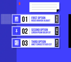 Three numbered banners/options in fancy geometric style on bright blue background