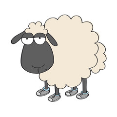 Fototapeta premium Dull sheep in shoes, standing and looking stupid - original hand drawn funny cartoon illustration