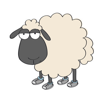 Dull sheep in shoes, standing and looking stupid - original hand drawn funny cartoon illustration