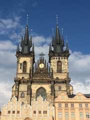 Fototapeta na wymiar Church of Our Lady Before Tyn in Old Town Square, Prague. Church of Our Lady Before Tyn overlooking Old Town Square, warm natural light from the sun. Exterior of the iconic Prague Church.