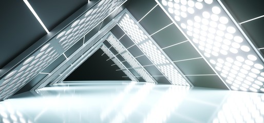 3D Rendering Of Abstract Realistic Triangle Sci-Fi Corridor With Lighted Grid Mesh
