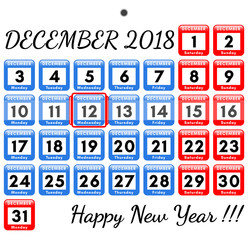 December 2018. Vector template for the monthly calendar 2018