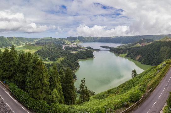 Panoramic image of Sete Cidades lagoon, Sao Miguel Island - Azores