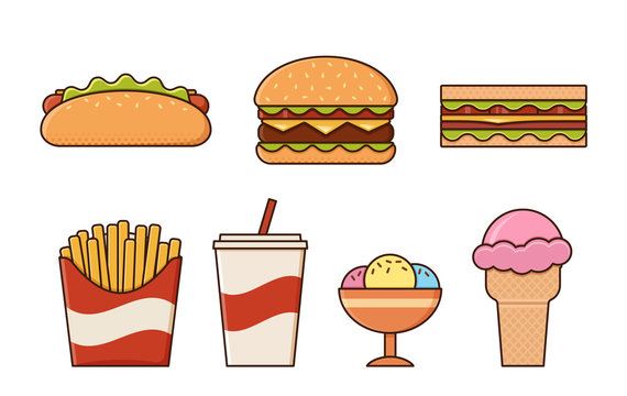 Fast food icons isolated in flat design. Vector. Set unhealthy meal on white background. Linear restaurant snacks. Junk colorful cooking elements. Burger, hot dog, fries and sandwich.
