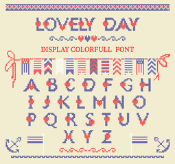 Cross stitch alphabet typeface poster. Good idea for summer, holiday, memorial Independence day posters, textile design.