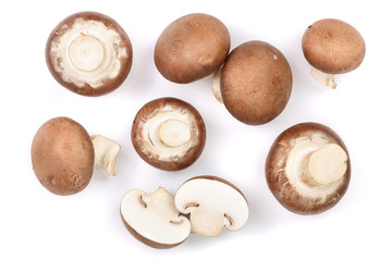 Fresh champignon mushrooms isolated on white background. Top view. Flat lay