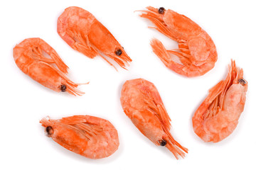 Red cooked prawn or shrimp isolated on white background. Top view. Flat lay