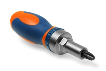 A blue-orange screwdriver with tip closeup. A concept on white background