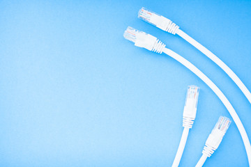 Corporate network concept. Set of ethernet switches, access points, cables, connectors, laptops on...
