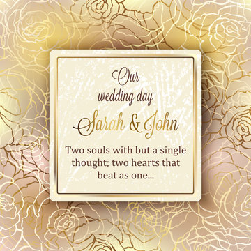 Intricate baroque luxury wedding invitation card, rich gold decor on beige background with frame and place for text, lacy foliage with shiny gradient.