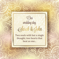 Intricate baroque luxury wedding invitation card, rich gold decor on beige background with frame and place for text, lacy foliage with shiny gradient.