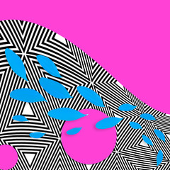 Blue petals in the shape of wave, circles on whitestiped, pink background. Flat lay