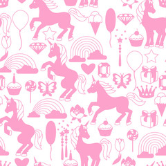 Seamless pattern with unicorns and fantasy items