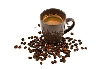Brown cup of coffee with coffee beans stock photo images. Brown cup of coffee isolated on a white background