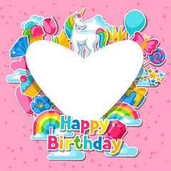 Happy birthday. Card with unicorn and fantasy items