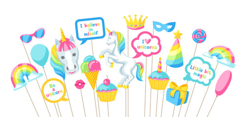 Happy birthday photo booth props. Fantasy items and objects for festival and party