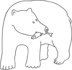 Hand Drawn Doodle Sketch Line Art Vector Illustration of Polar Bear Catching Fish. Cartoon Card Poster Banner Black Outline Design Element Template