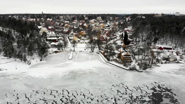 Aerial view of residential area "Appelviken" in Stockholm on a wintry day.