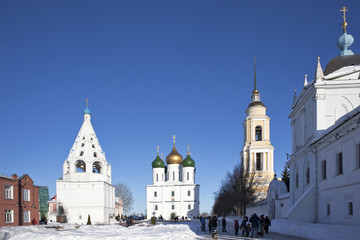 The Central square in Kolomna Kremlin in the summer, the Uspensky Cathedral, the bell tower and the school