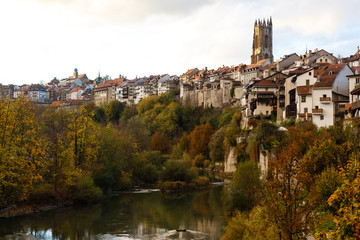 Fototapeta premium The Gothic style catholic cathedral in Fribourg old town in Canton Fribourg, Switzerland