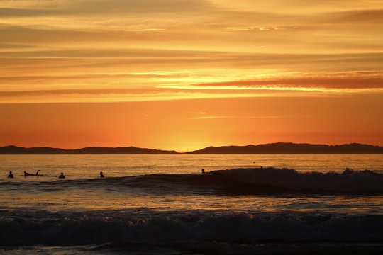 silhouettes of surfers during a california sunset © K KStock