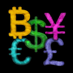 Currency 3D rendering plasticine symbols set isolated on black
