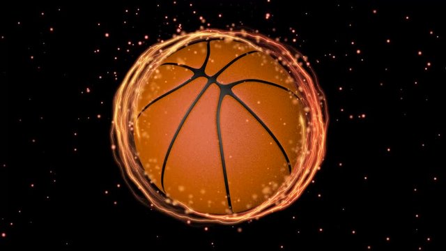 Spinning basketball ball with circular lightning and fiery particle ring