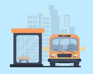 City bus with bus stop. School bus. Vehicle for transportation passengers. City background.
