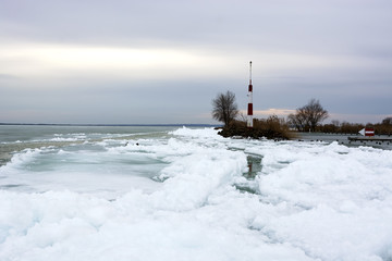 Breakwater at Lake Balaton in wintertime, Hungary ( Badacsony )