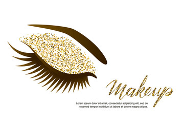 Vector illustration of beautiful female eye with long eyelashes and holiday luxury makeup. Golden glitters eyeshadows, trendy makeup. Concept for beauty salon, cosmetics label, visage and makeup.