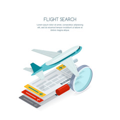 Flight search and airplane tickets service concept. Vector 3d isometric style isolated illustration of multicolor tickets, flying aircraft and magnifier. Tourism icons.