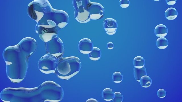 oily liquid bubbles rising and floating against blue gradient background