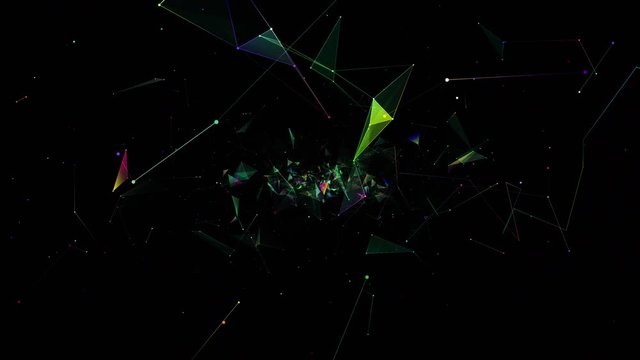 fly during network connections between nodes - dots 4k animation flight in geometric abstraction with dots lines and triangles
