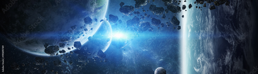 Poster Panoramic view of planets in distant solar system 3D rendering elements of this image furnished by NASA