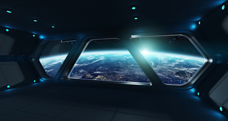 Fototapeta na wymiar Spaceship futuristic interior with view on planet Earth