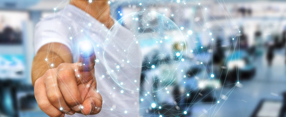 Businessman using planet earth network sphere 3D rendering