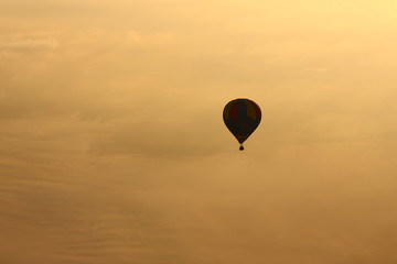 Hot air balloons, atmosphere ballons flying over mountain landscape at Mallorca in the sunrise