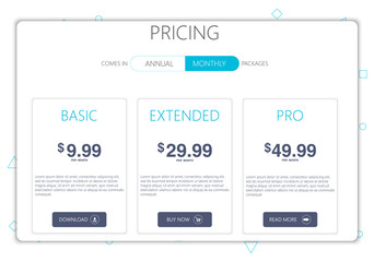 Three banners. Pricelist, hosting plans and web design boxes of banners. Banners for tariffs and price lists. Web elements. Plan the hosting. design for a web application.