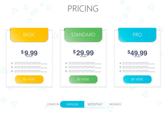 Three banners. Pricelist, hosting plans and web design boxes of banners. Banners for tariffs and price lists. Web elements. Plan the hosting. design for a web application.