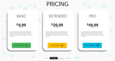 Three banners. Pricelist, hosting plans and web design boxes of banners. Banners for tariffs and price lists. Web elements. Plan the hosting. design for a web application.