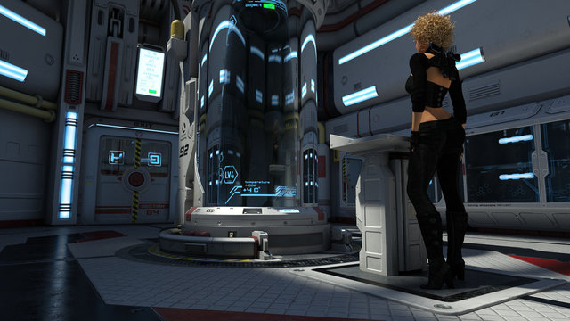 Spaceship Communications Room With Female Travelers 3D Rendering