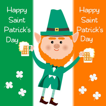 Saint Patrick and clover and beer on white background